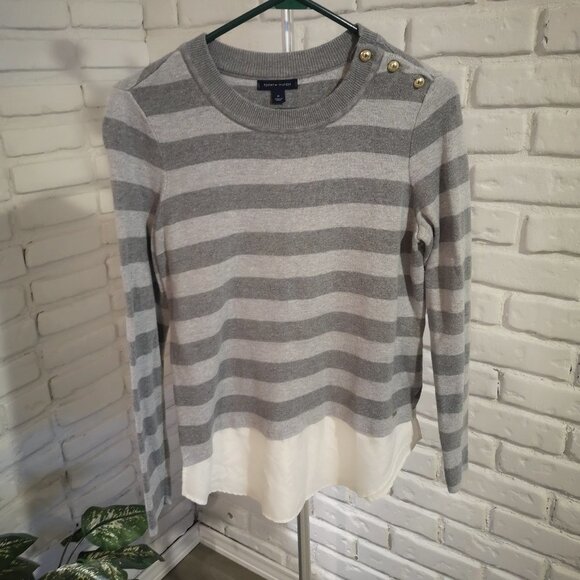 2/$30.00 Mix & Match - Tommy Hilfiger Ladies Grey Stripe Fooler Sweater - Picture 1 of 10
